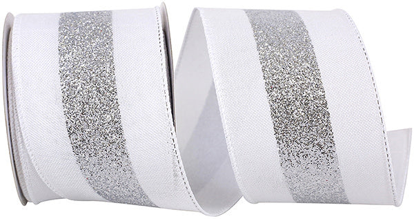 Bold Glitter Center Stripe Linen Wired Edge Ribbon - White/Silver