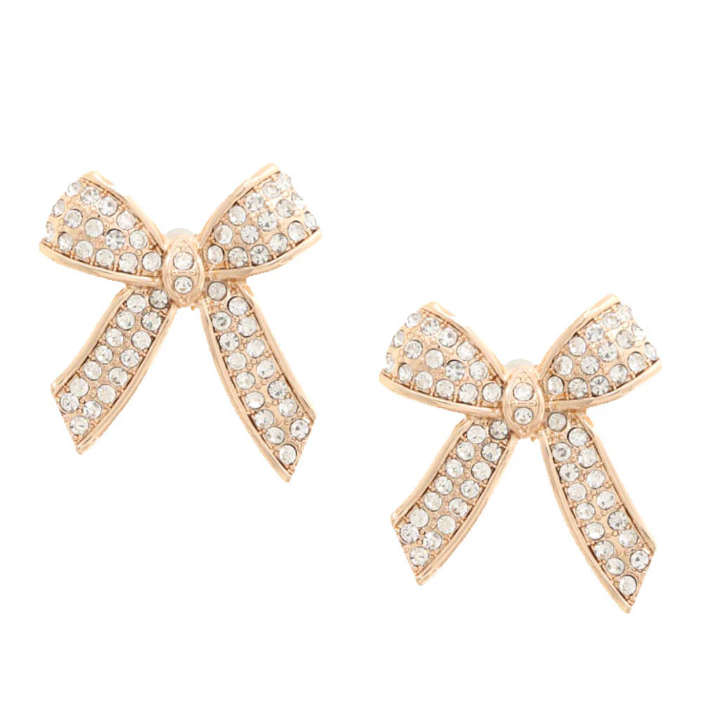 Bow Rhinestone Metal Earring - Gold Crystal