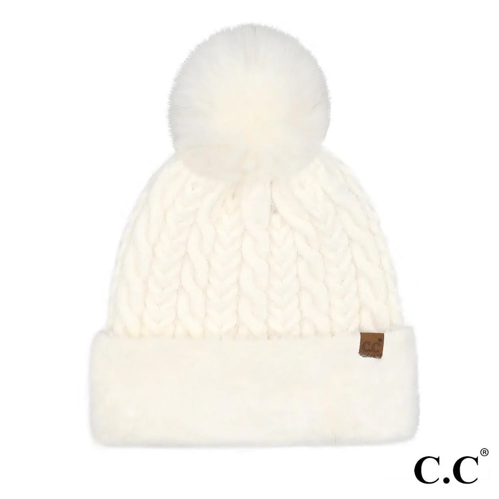 Cable Knit Fur Cuff Pom Beanie - Image 4