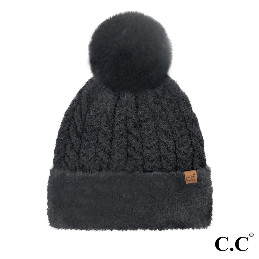 Cable Knit Fur Cuff Pom Beanie - Image 5