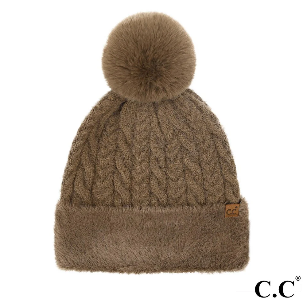 Cable Knit Fur Cuff Pom Beanie - Image 6