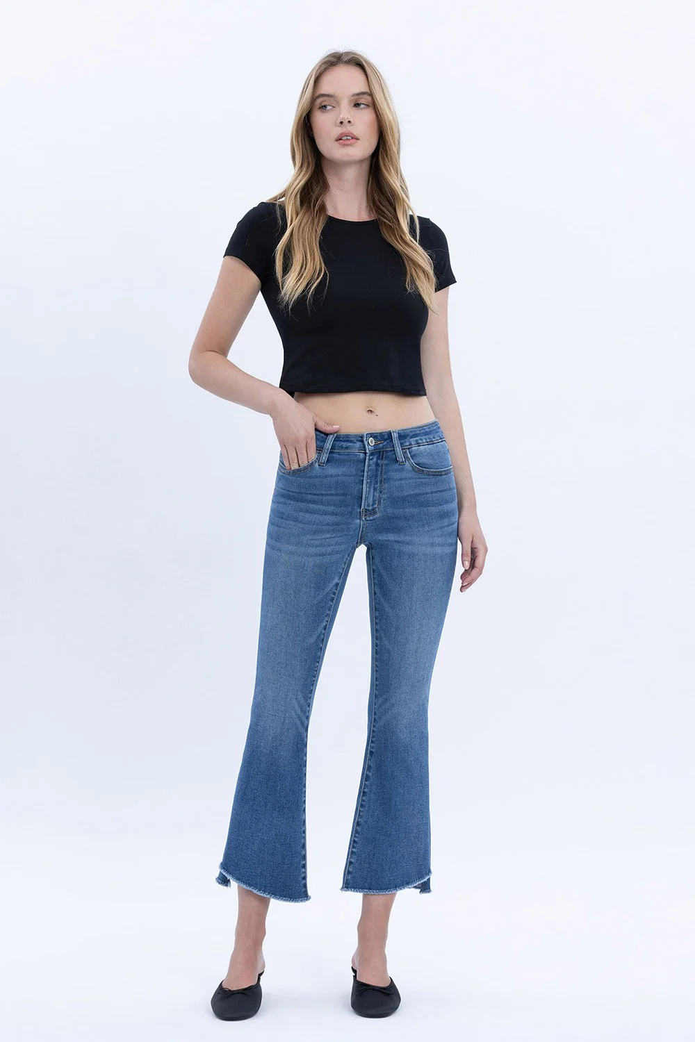Carmen Mid Rise Raw Step Hem Crop Flare Jeans - Image 10