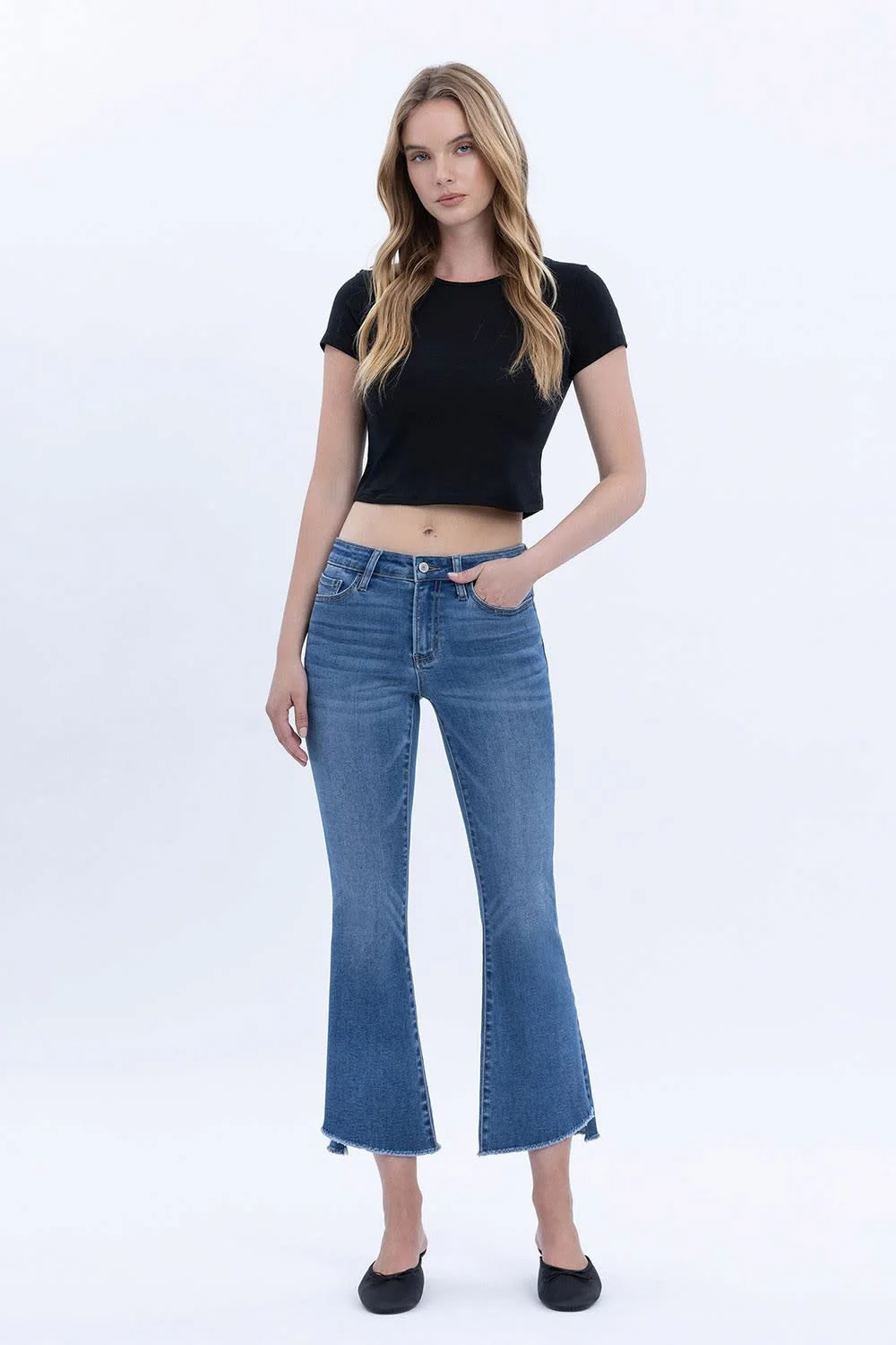 Carmen Mid Rise Raw Step Hem Crop Flare Jeans - Image 5