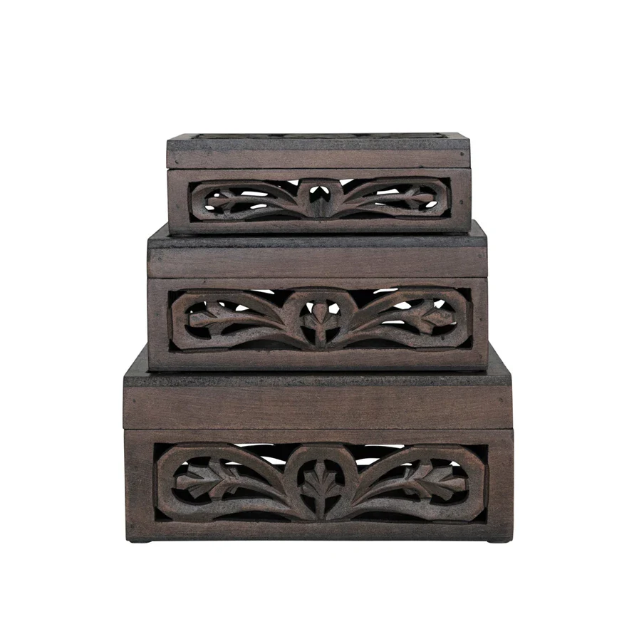 Carved MDF & Mango Wood Nesting Boxes w/ Design