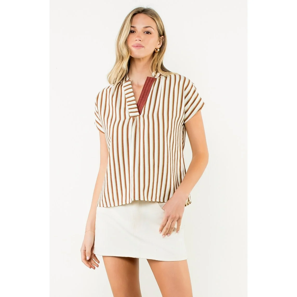 Cassie Contrast V-Neck Striped Top - Image 6