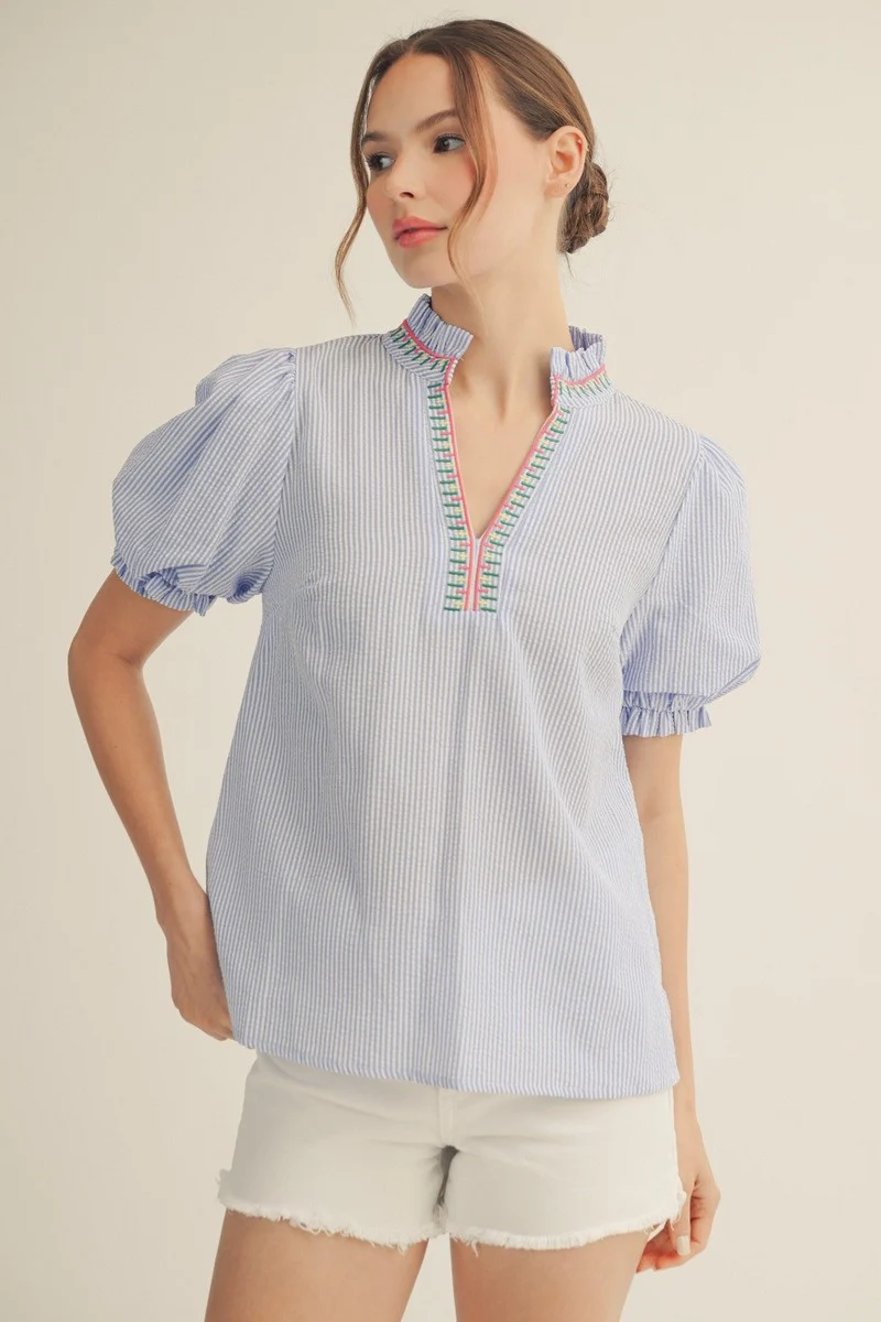 Celine Embroidery Accent Textured Stripe Top