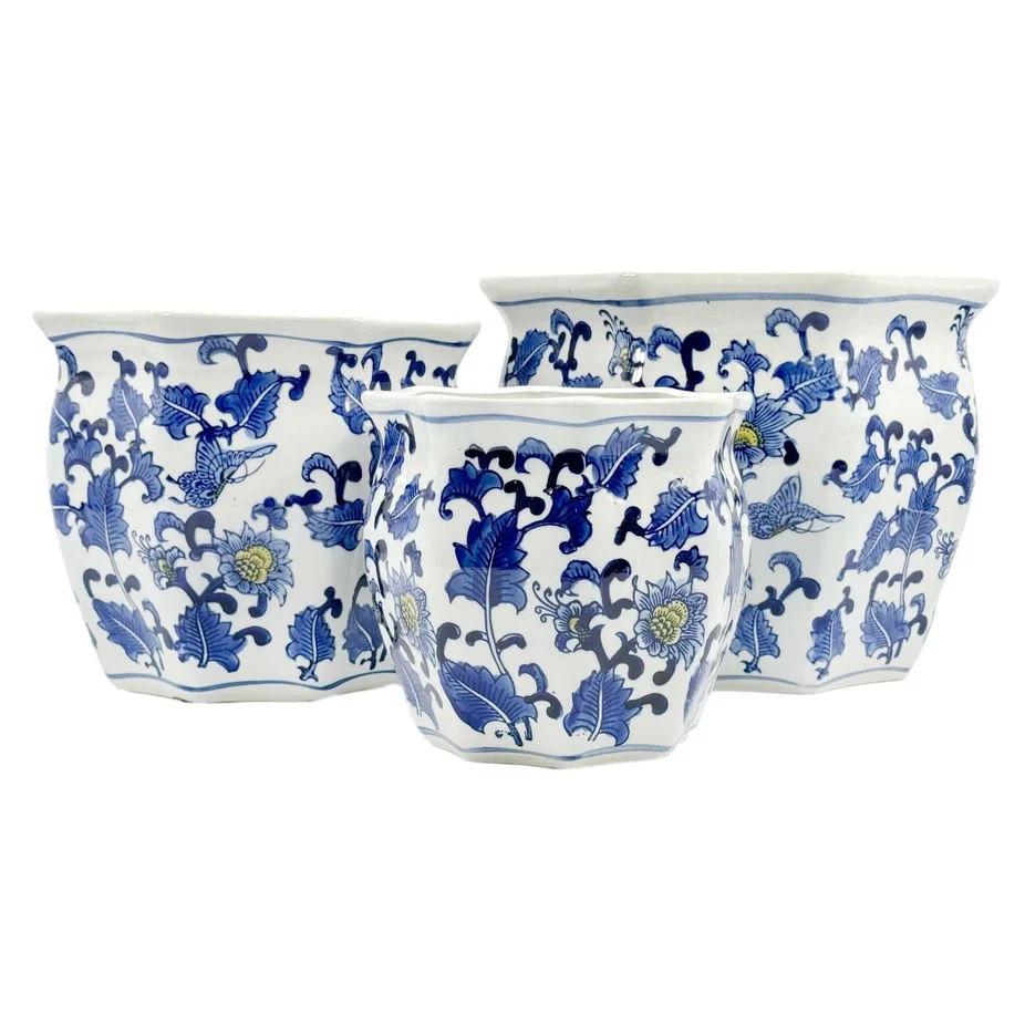 Ceramic Chinoiserie Planter Pot Blue & White + Yellow - Sold Individually - Image 3