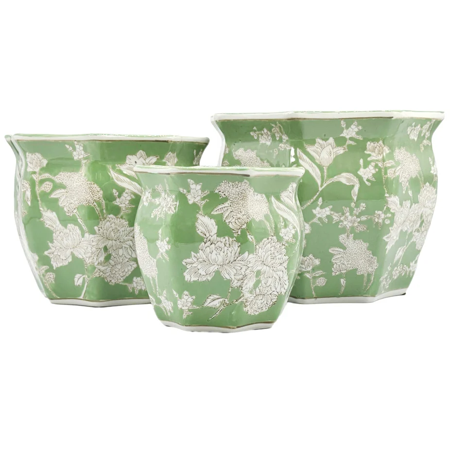 Ceramic Chinoiserie Planter Pot Green & White - Sold Individually - Image 3