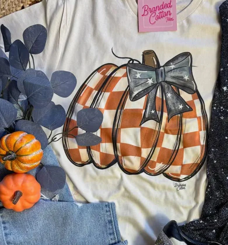 Checkered Pumpkin Bow Tee - Image 2