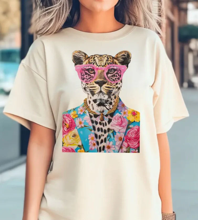 Cheetah in Flower Jacket Natural T-Shirt - Image 3