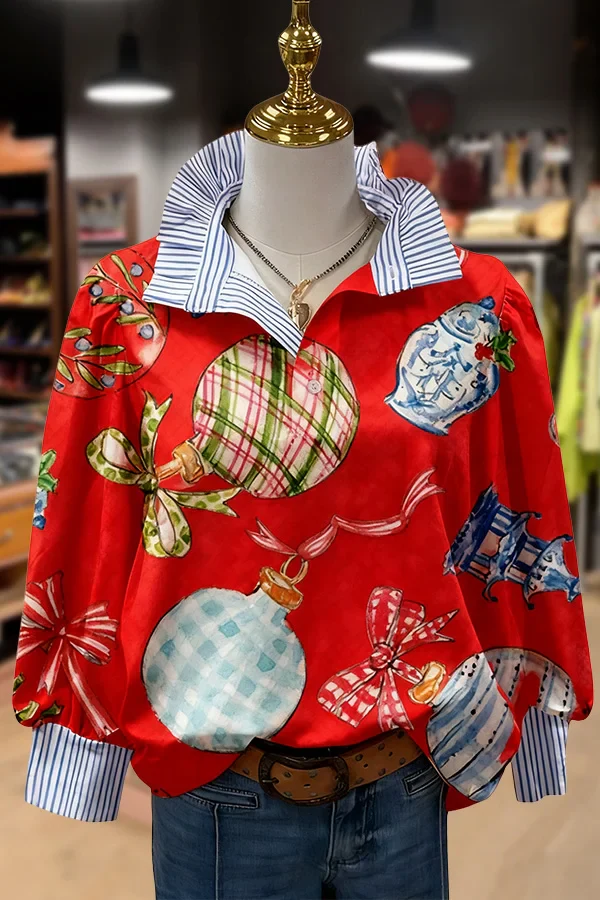 Christmas Ornaments Print Striped Collar Top - Image 6
