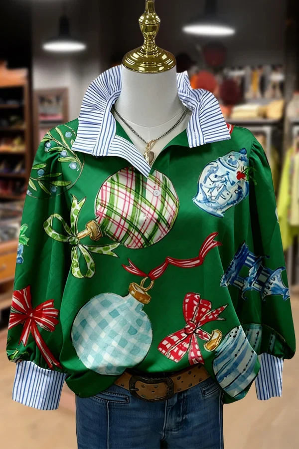 Christmas Ornaments Print Striped Collar Top - Image 9