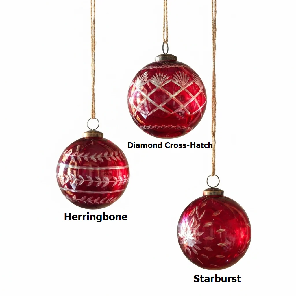 Christmas Red Glass Etched 4" Ball - Sold Individually