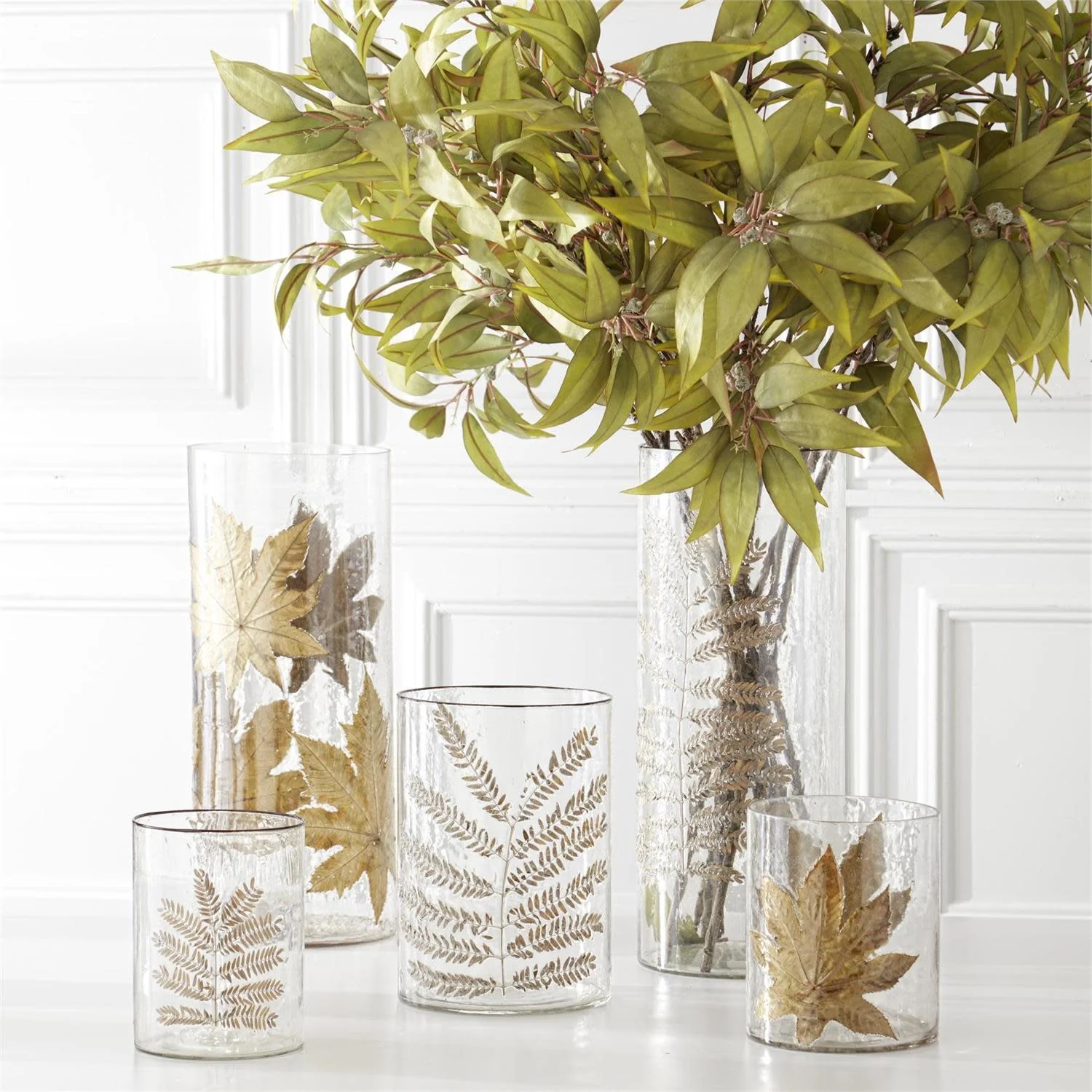 Clear Textured Glass Cylinder with Dried Leaf Applique - Image 2