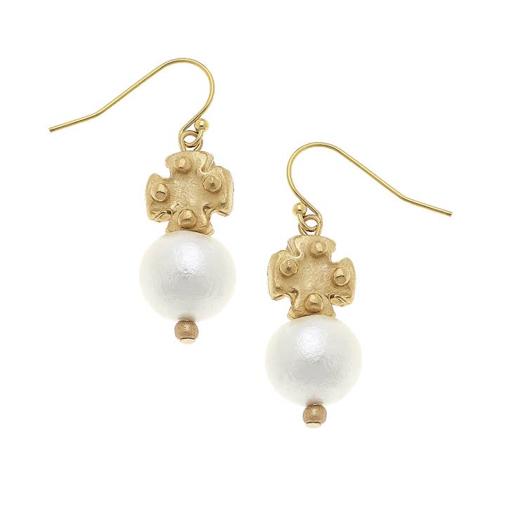 Cotton Pearl and Mini Gold Cross Earrings - Image 3