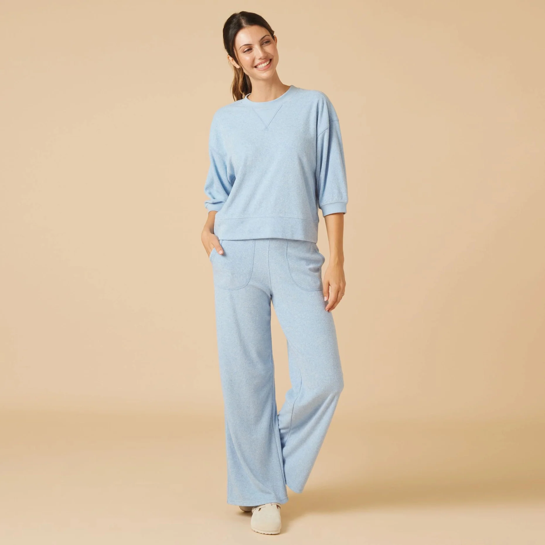 Daphne Terry Cropped Sleeve Crew Neck with Wide Leg Pant - Image 5