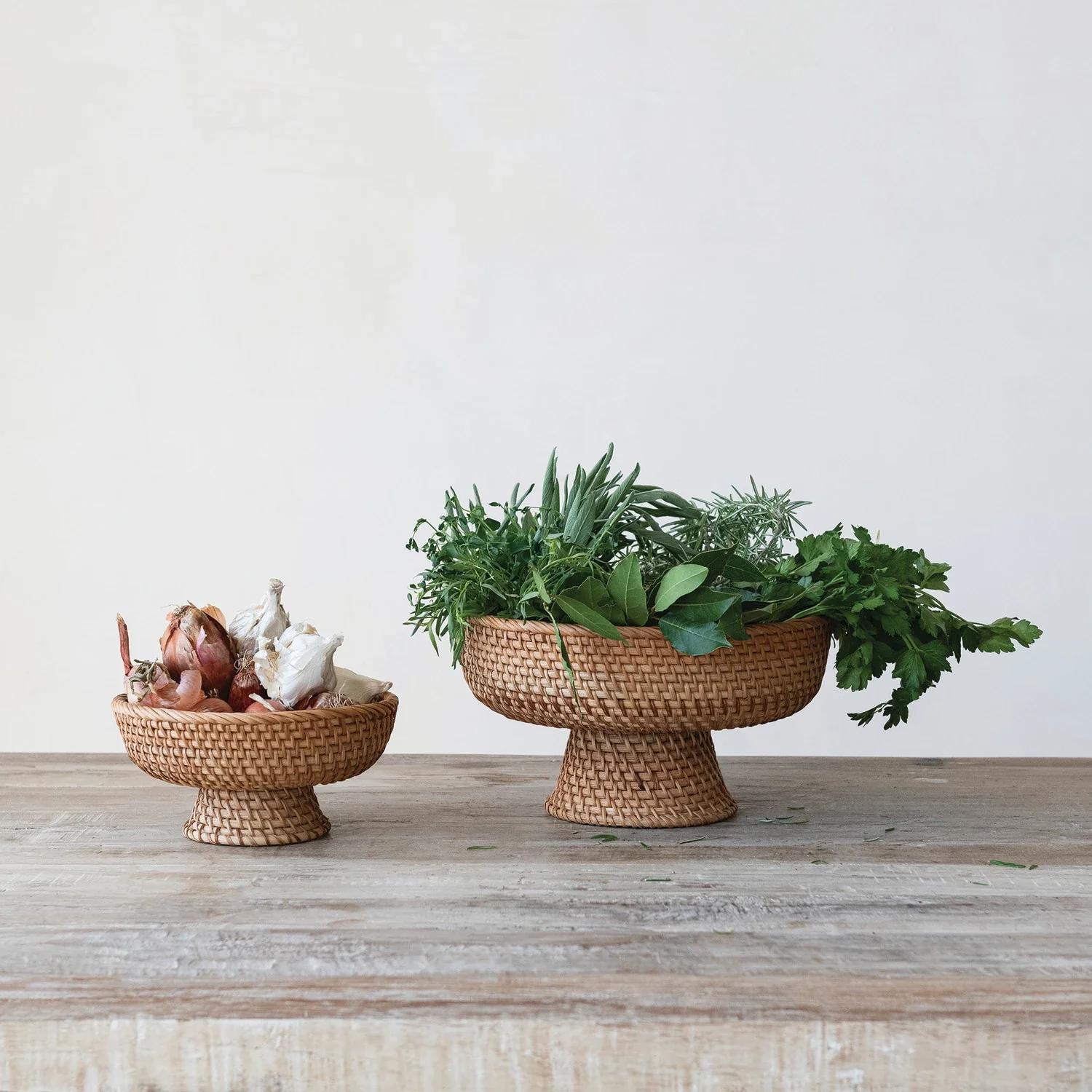 Decorative Hand-Woven Rattan Footed Bowls, Natural - Sold Individually - Image 2