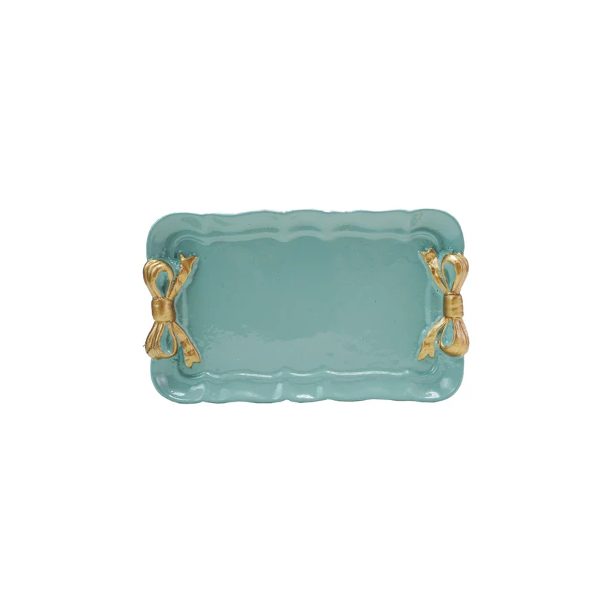 Decorative Metal Tray with Gold Finish Bows - Aqua