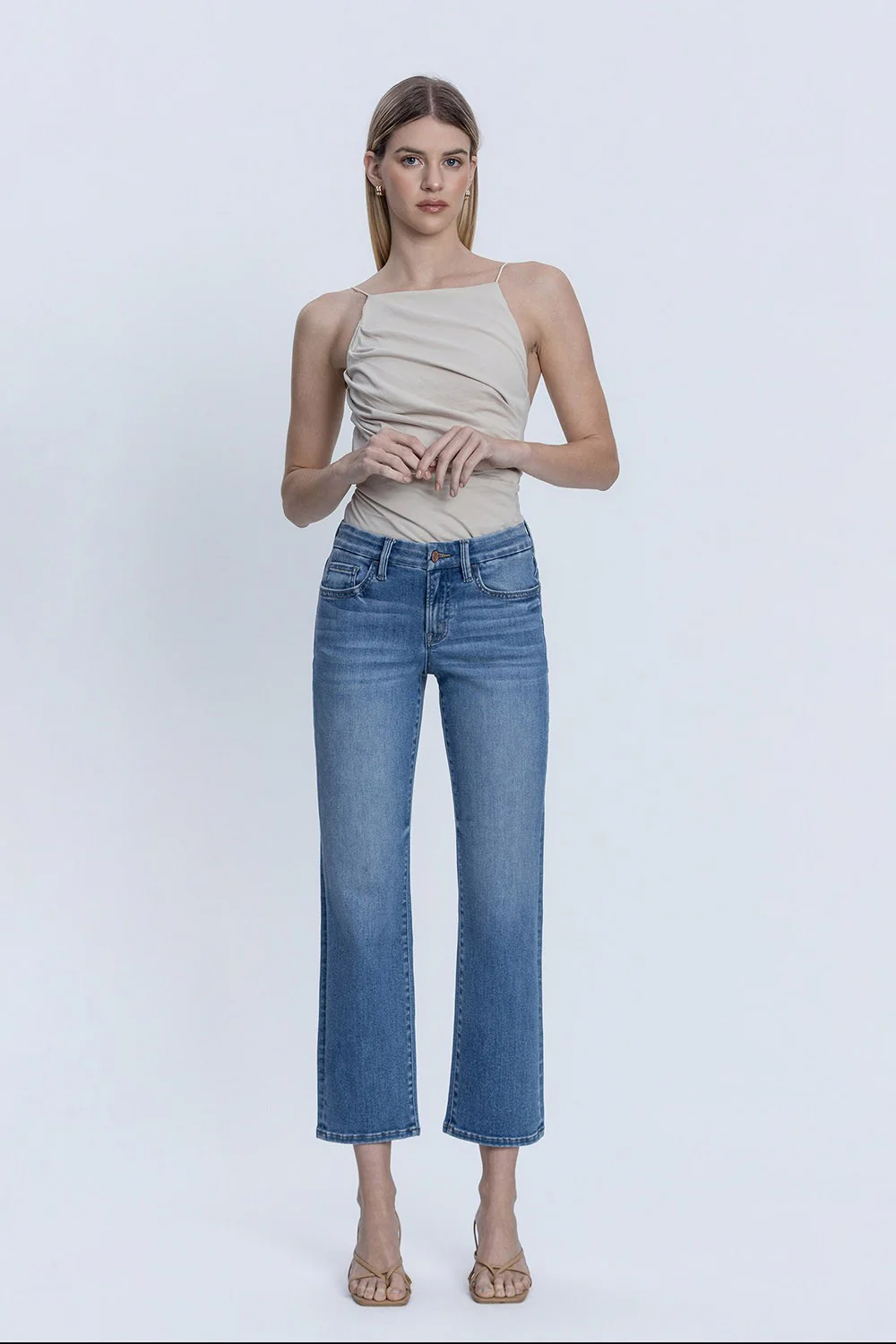 Delilah Mid Rise Medium Dark Wash Ankle Straight Jeans - Image 5