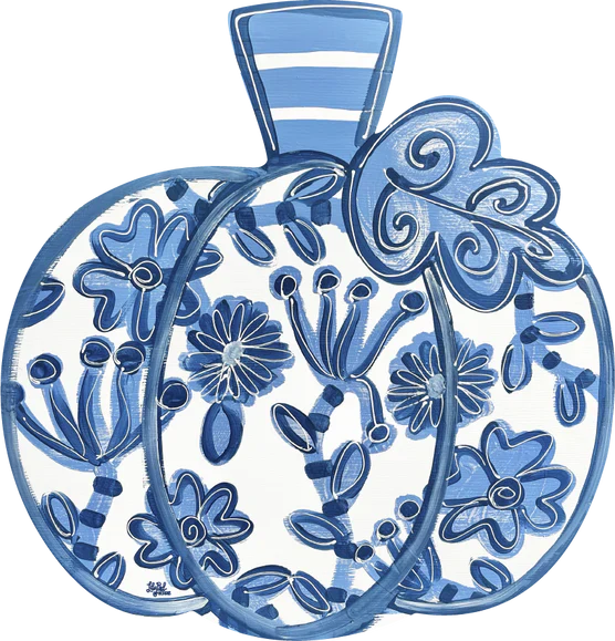 Door Hanger - Wood White Pumpkin With Blue Designs - Image 2