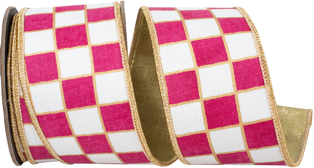 Gilded Check Outlined Deluxe Metallic Backed Wired Edge Ribbon Fuchsia/White 2-1/2 inch
