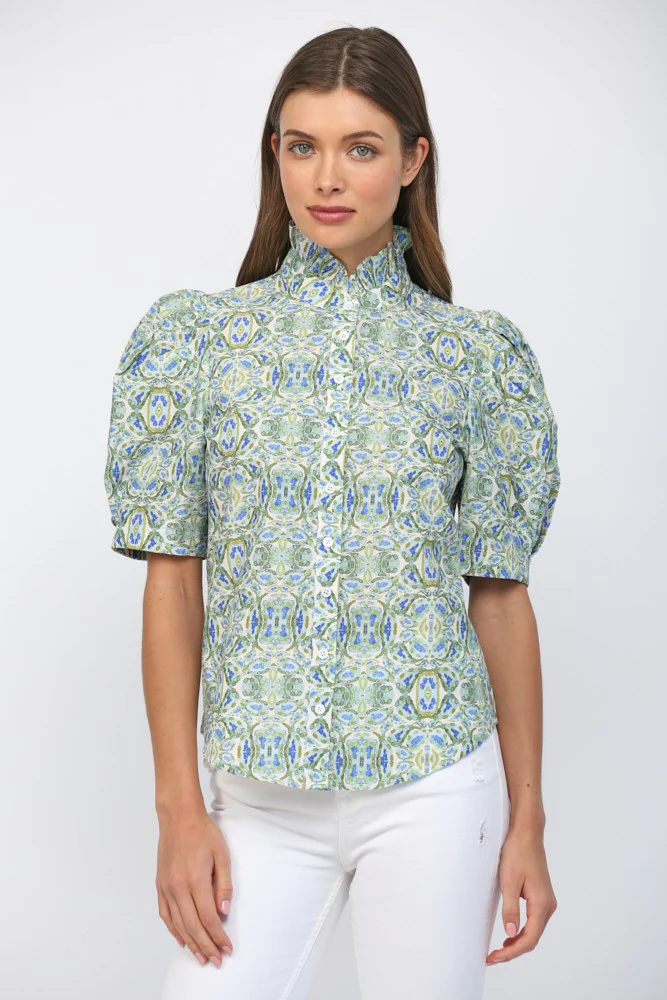 Eliana Puff Short Sleeves Ruffle Neck Button Down Top - Image 3