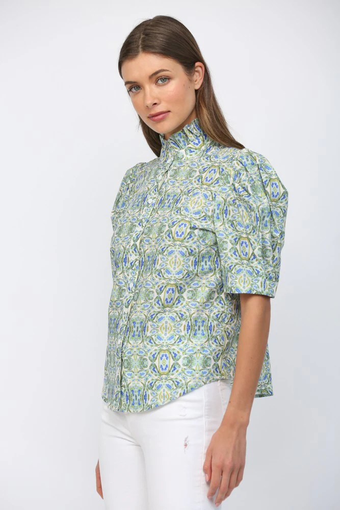 Eliana Puff Short Sleeves Ruffle Neck Button Down Top - Image 4