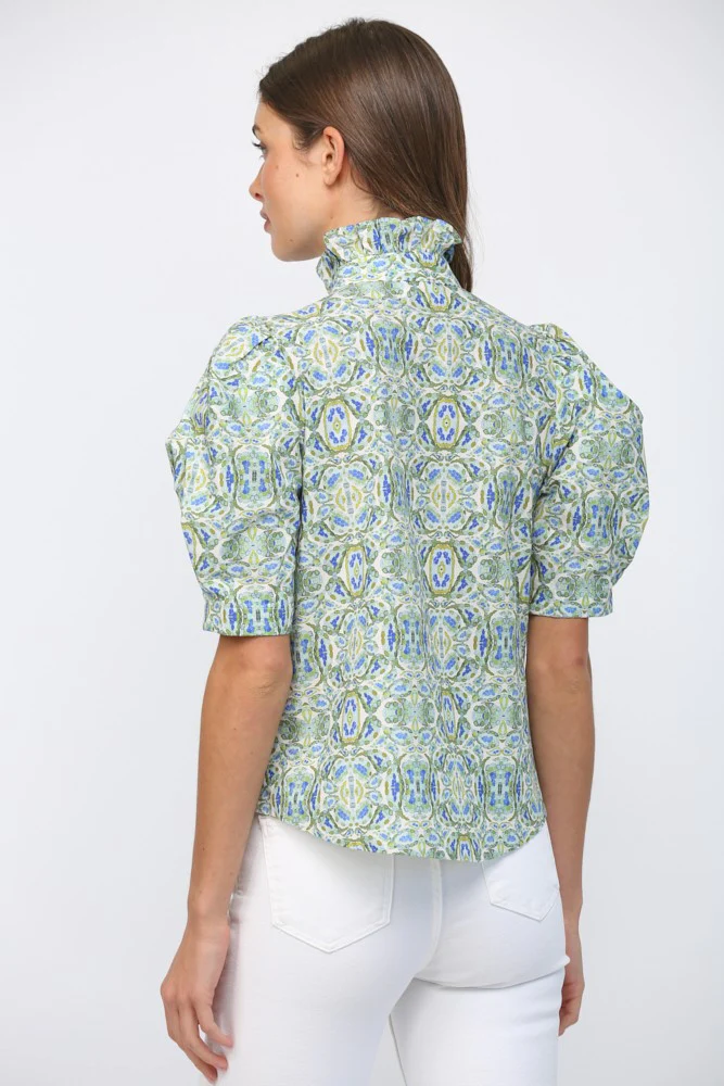 Eliana Puff Short Sleeves Ruffle Neck Button Down Top - Image 5