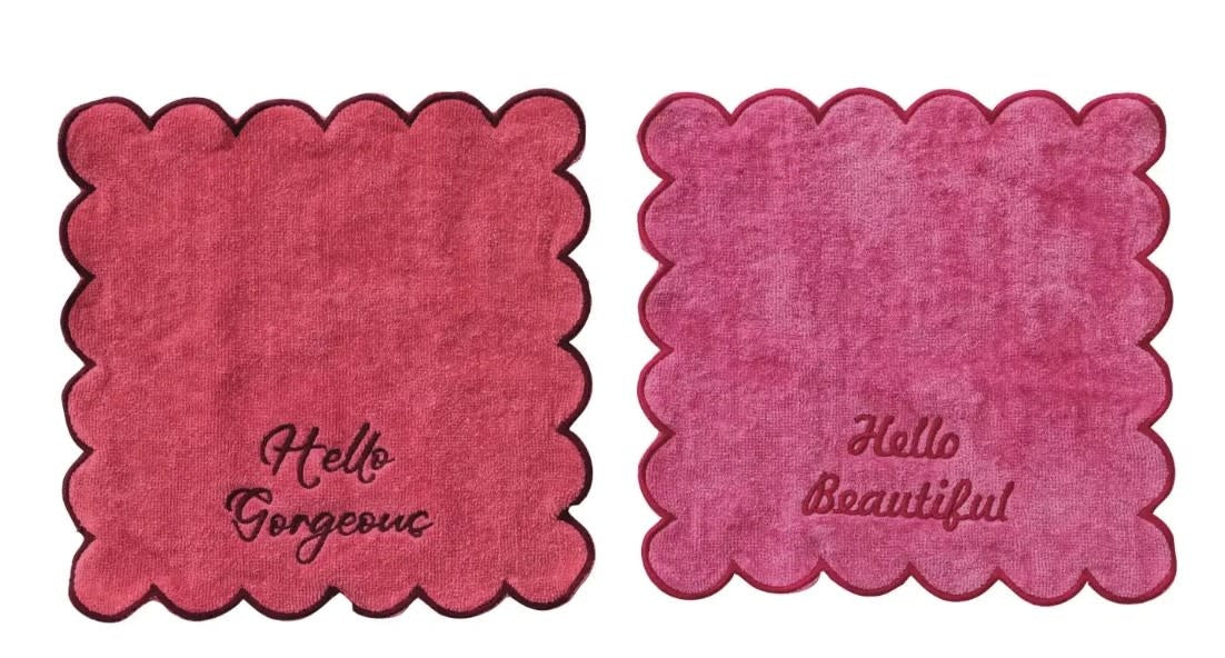 Embroidered Saying & Scalloped Edge - Hello Gorgeous / Hello Beautiful