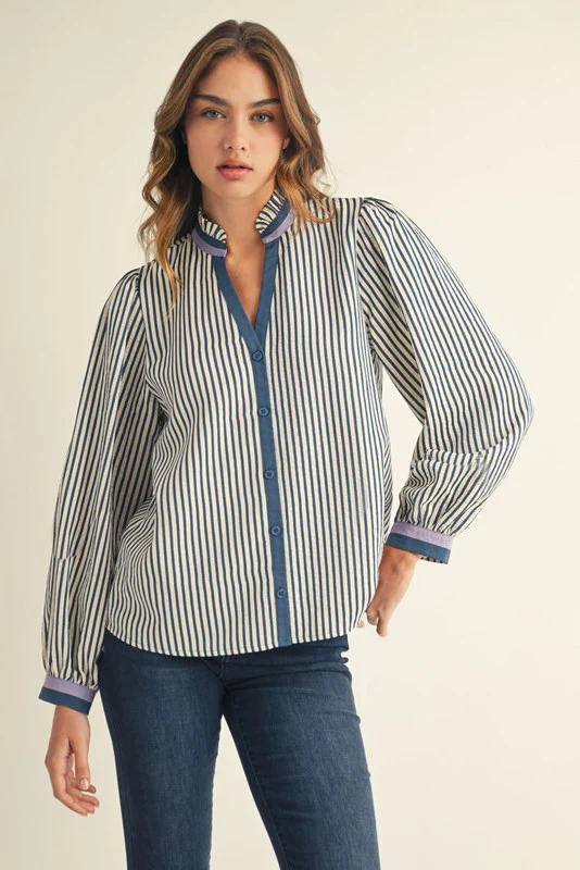 Emilia Ruffled Neck Button Down Stripe Top