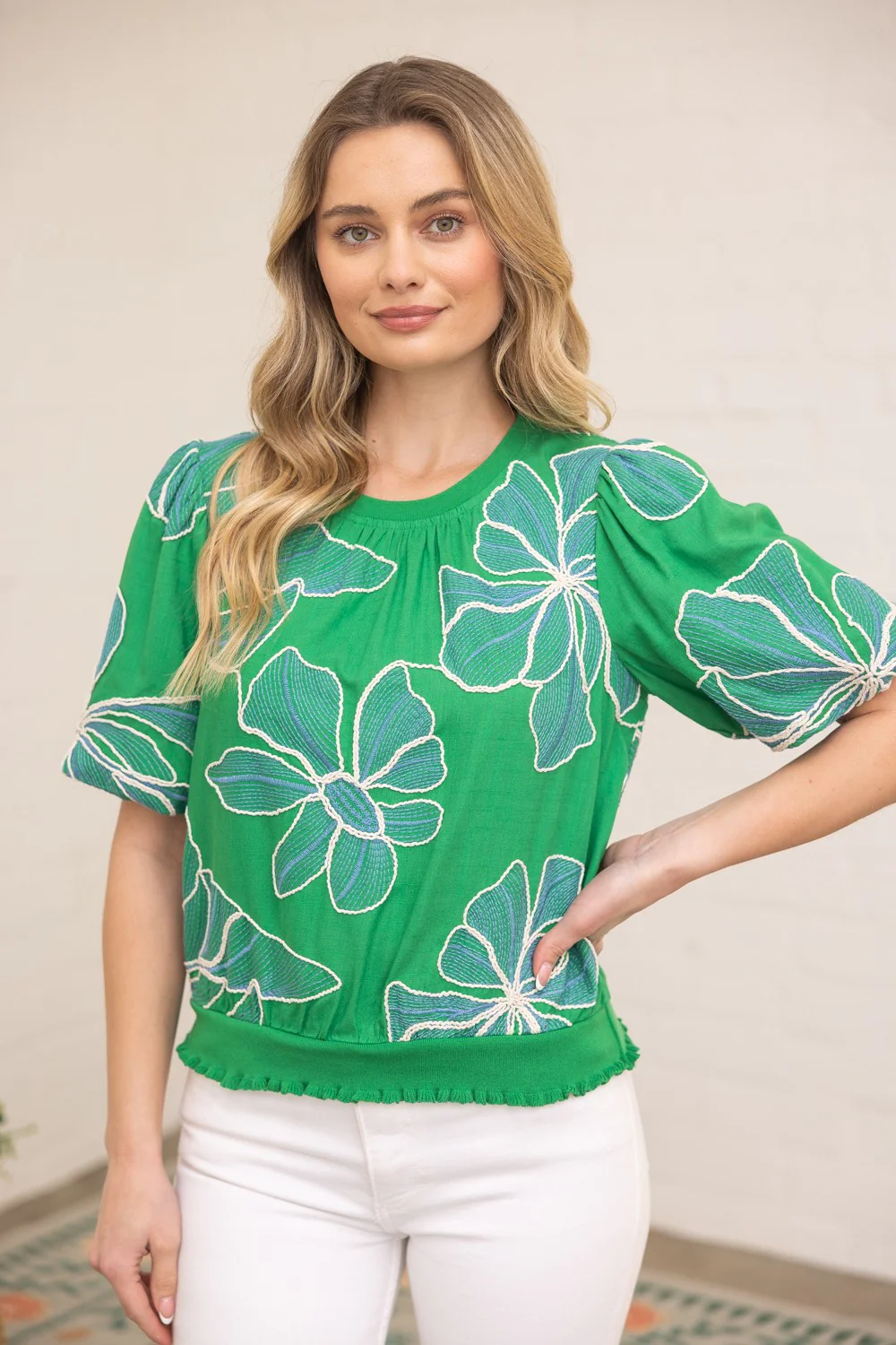 Emily Contrast Band Detailed Floral Embroidery Top - Image 2