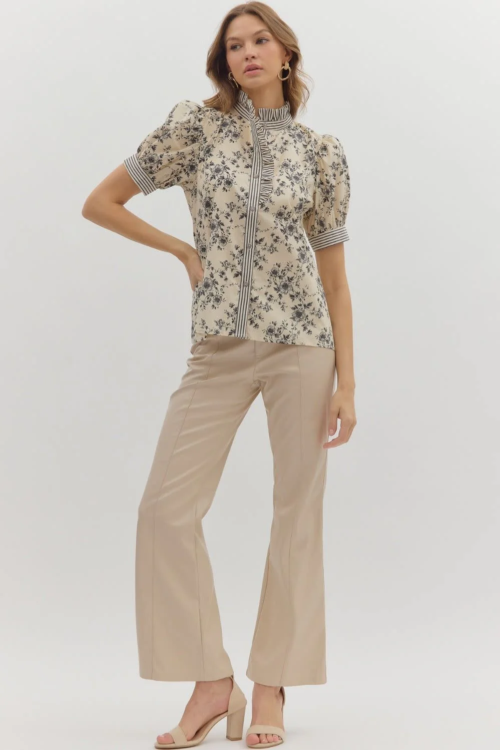 Emma Floral Print Puff Shoulder Short Sleeve Top - Image 6