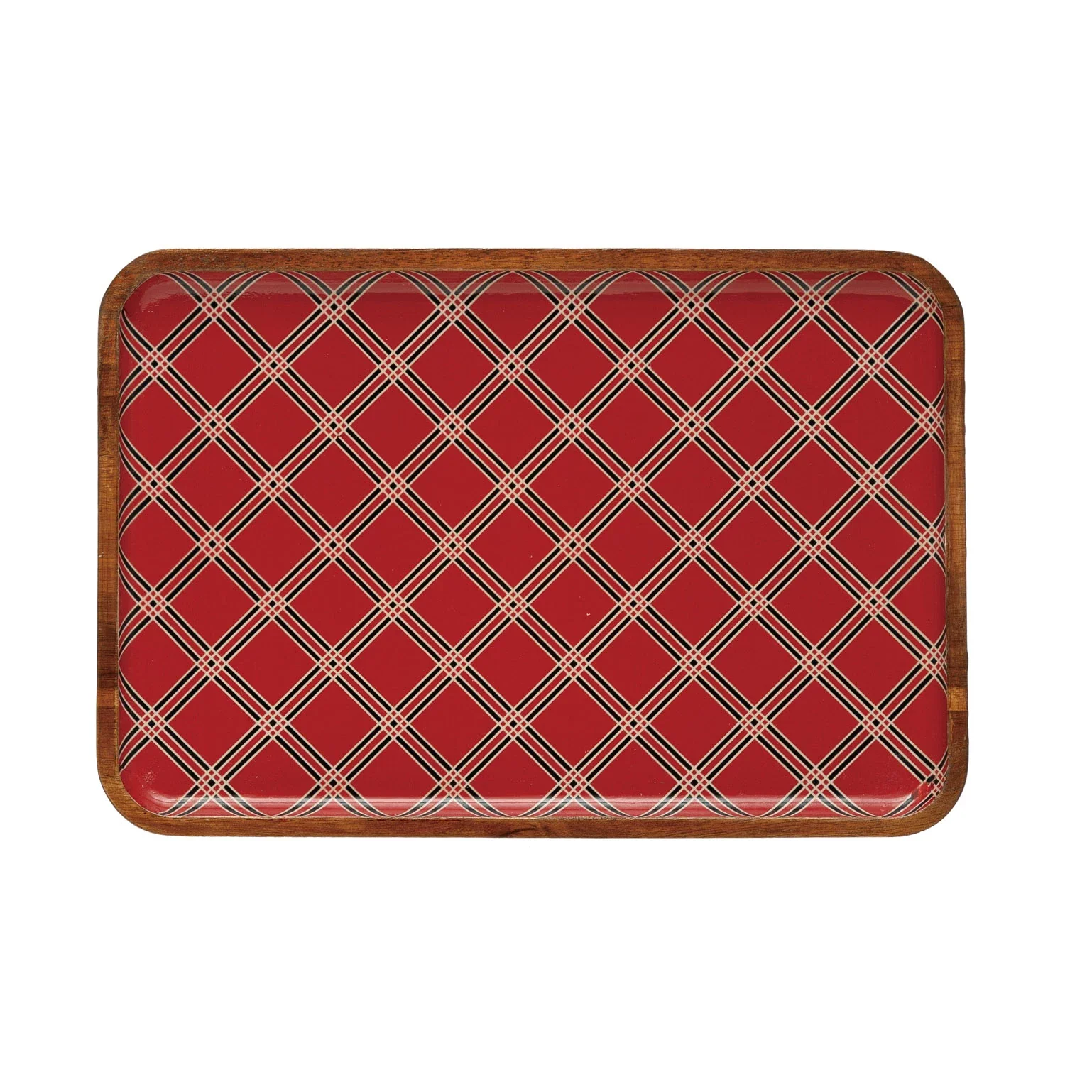Enameled Acacia Wood Tray - Red Plaid