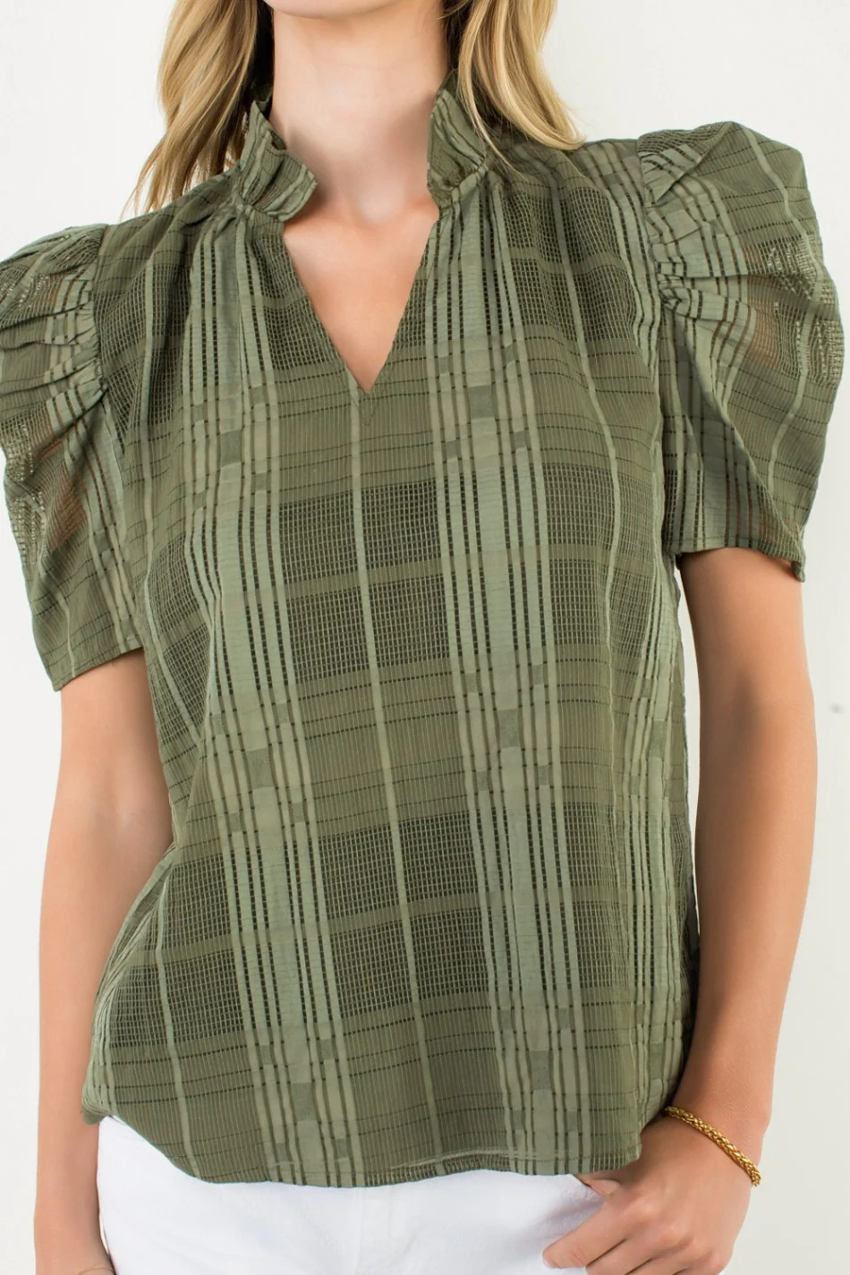 Eunice Puff Sleeve Gingham Textured V-neck Top - Image 15