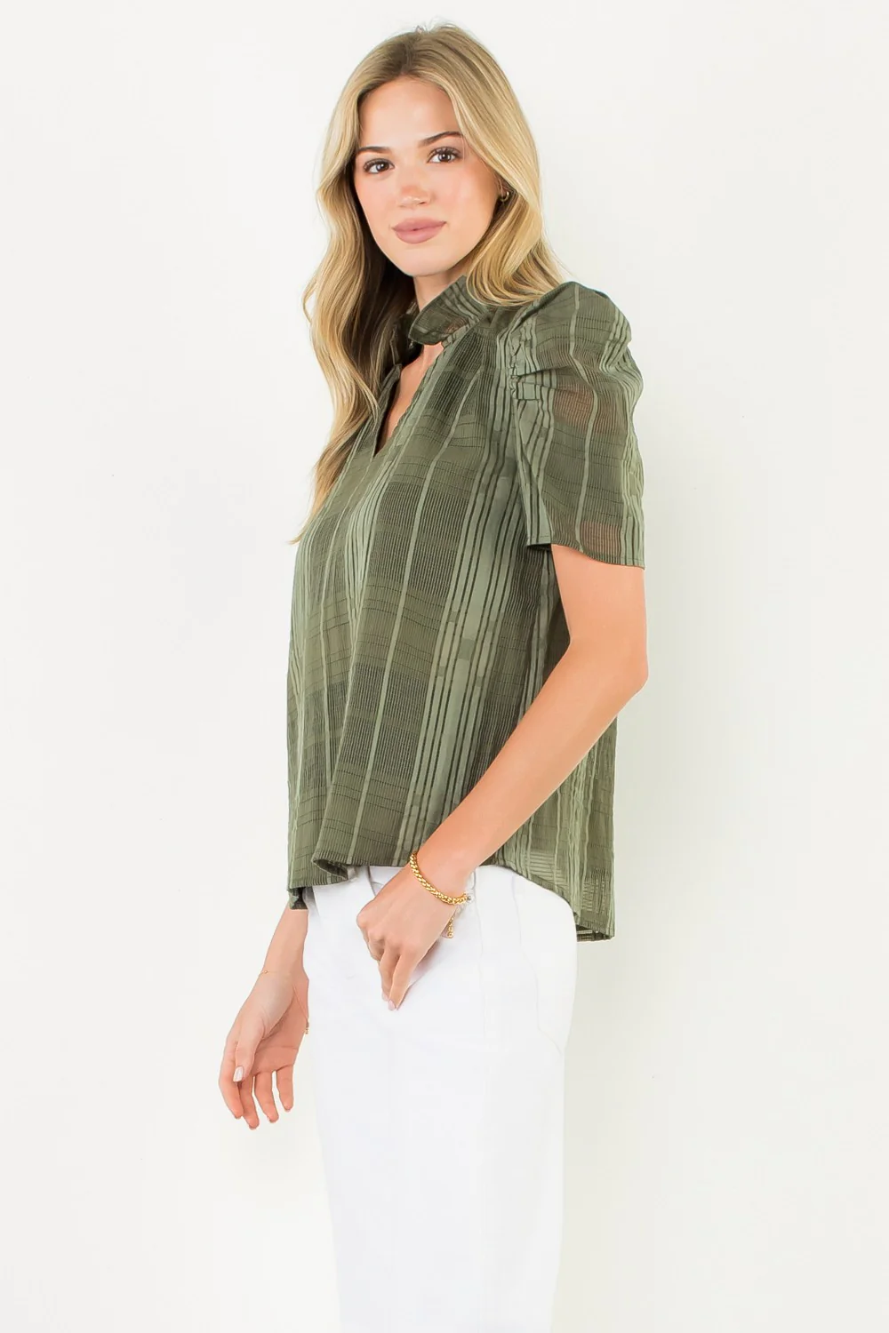 Eunice Puff Sleeve Gingham Textured V-neck Top - Image 16