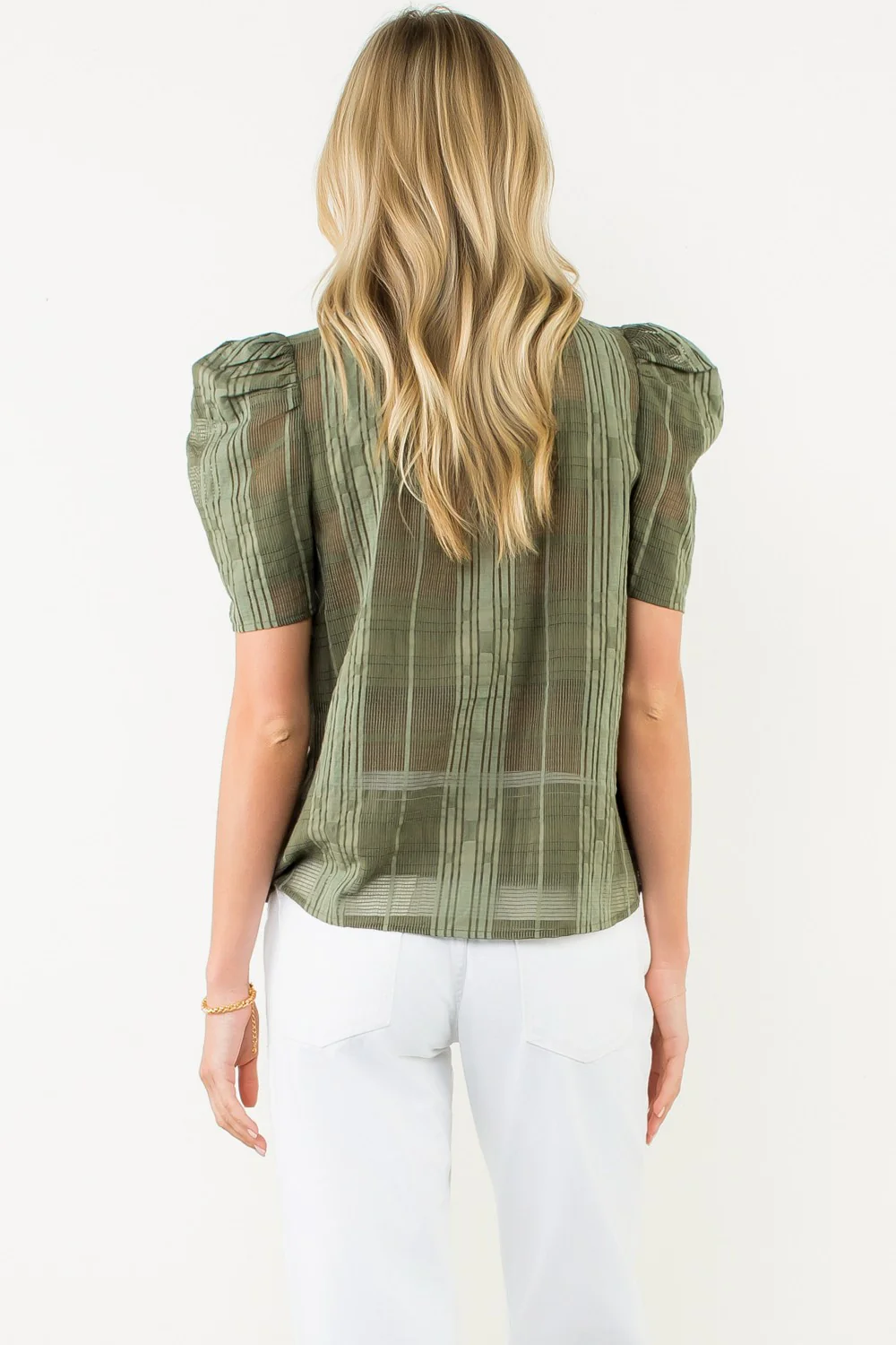 Eunice Puff Sleeve Gingham Textured V-neck Top - Image 17