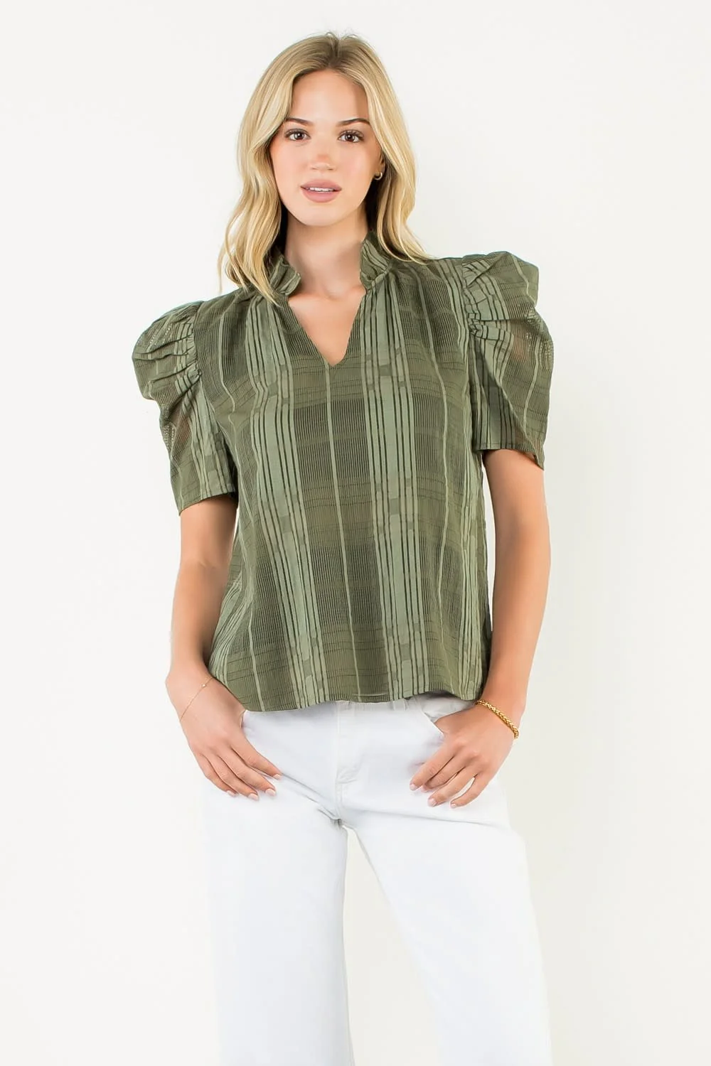 Eunice Puff Sleeve Gingham Textured V-neck Top - Image 8