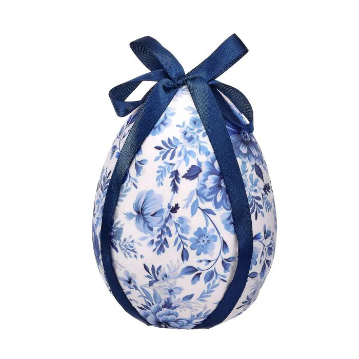 Fabric Toile Easter Egg W Bow  - Blue White