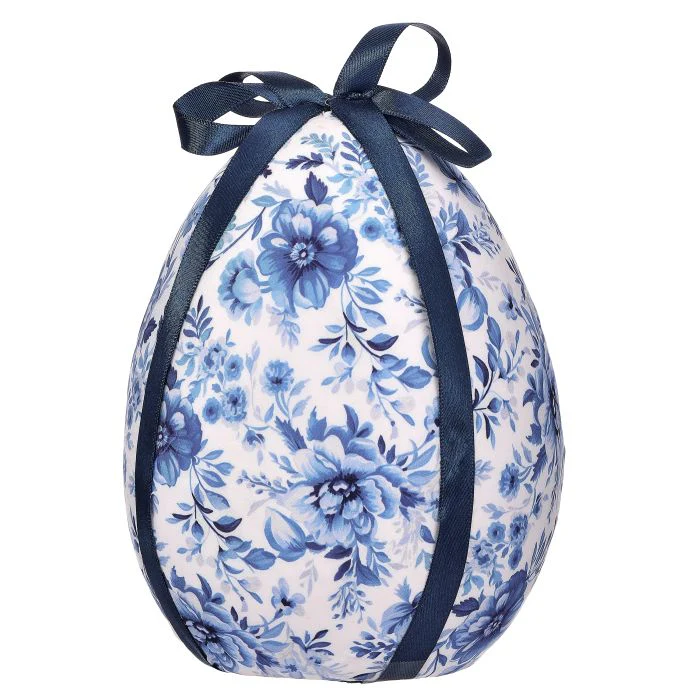 Fabric Toile Easter Egg W Bow  - Blue White - Image 3