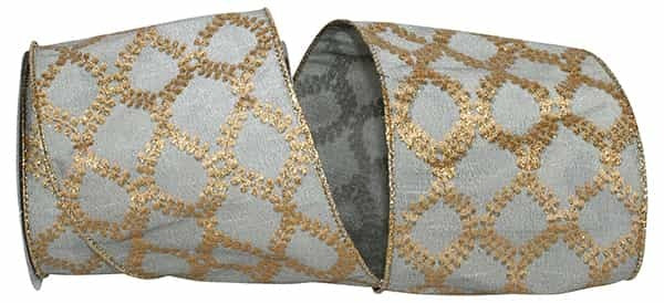 Filigree Crest Dupioni Wired Edge Ribbon - Silver/Gold