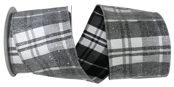 FROSTED GRAND PLAID WIRED EDGE BLACK/WHITE RIBBON 4"X10YDS