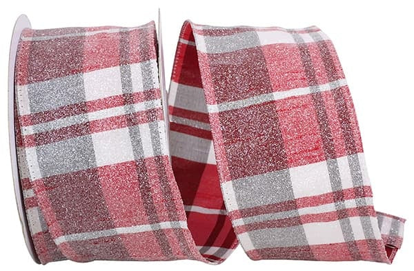 FROSTED GRAND PLAID WIRED EDGE RED/WHITE RIBBON 2.5"X10YDS