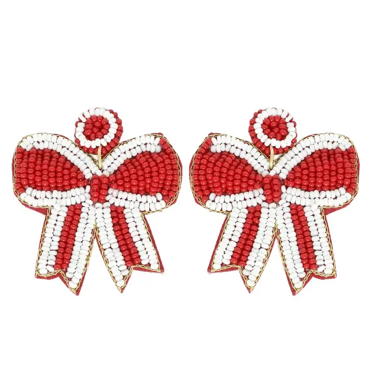 Game Day Striped Bow Ribbon Beaded Earrings - Image 2