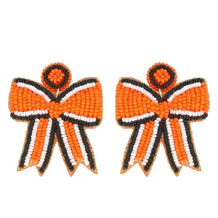 Game Day Striped Bow Ribbon Beaded Earrings - Image 3