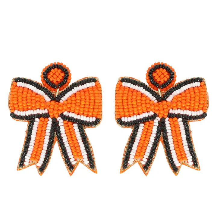 Game Day Striped Bow Ribbon Beaded Earrings - Image 5