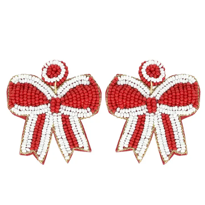 Game Day Striped Bow Ribbon Beaded Earrings - Image 6
