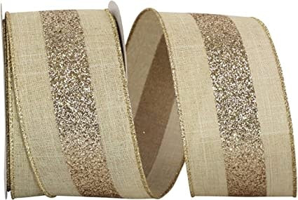Glitter Grand Center Stripe Linen Wired Edge Ribbon - Natural/Gold