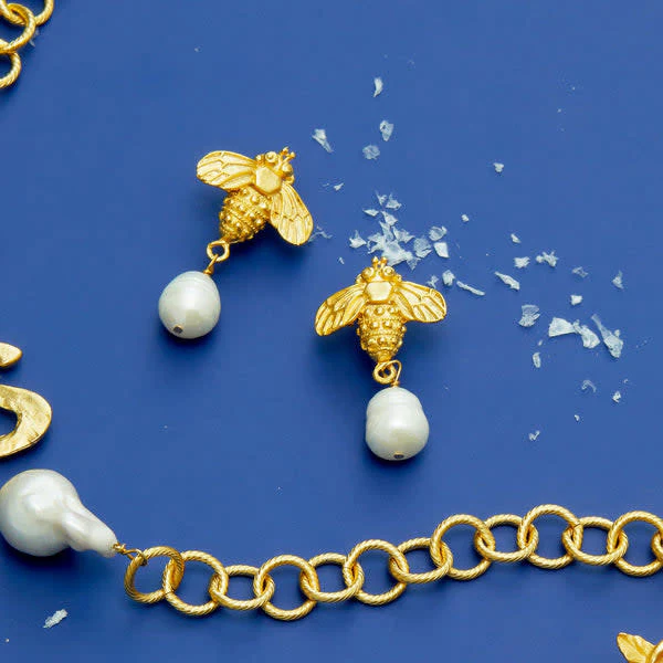 Gold Bee and Genuine Freshwater Pearl Earrings - Image 3