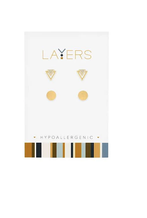 Gold CZ Triangle & Round Double Pair Layers Earrings