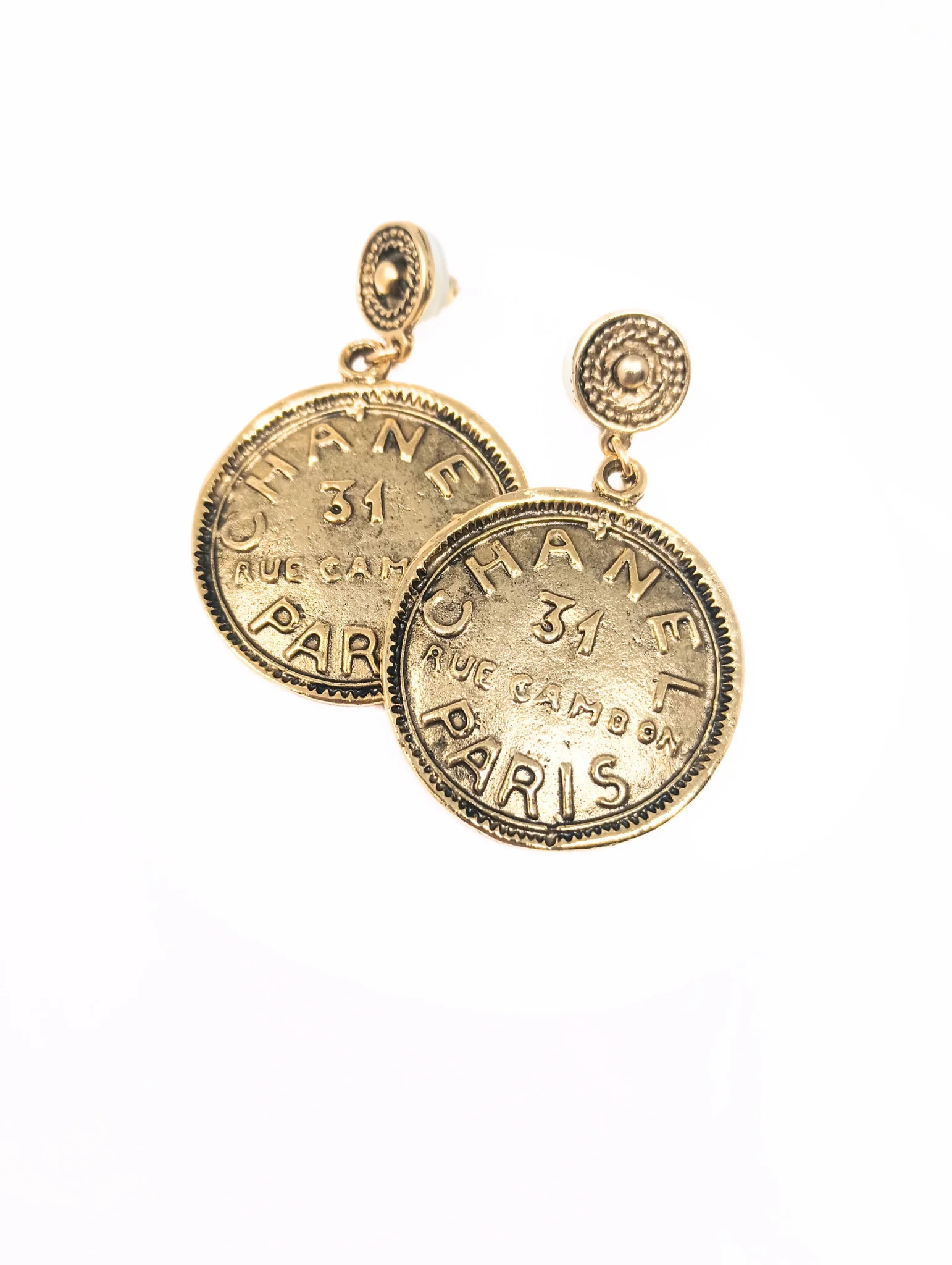 Gold Dangle Fashion Earrings with Chanel Type Coin - Image 3